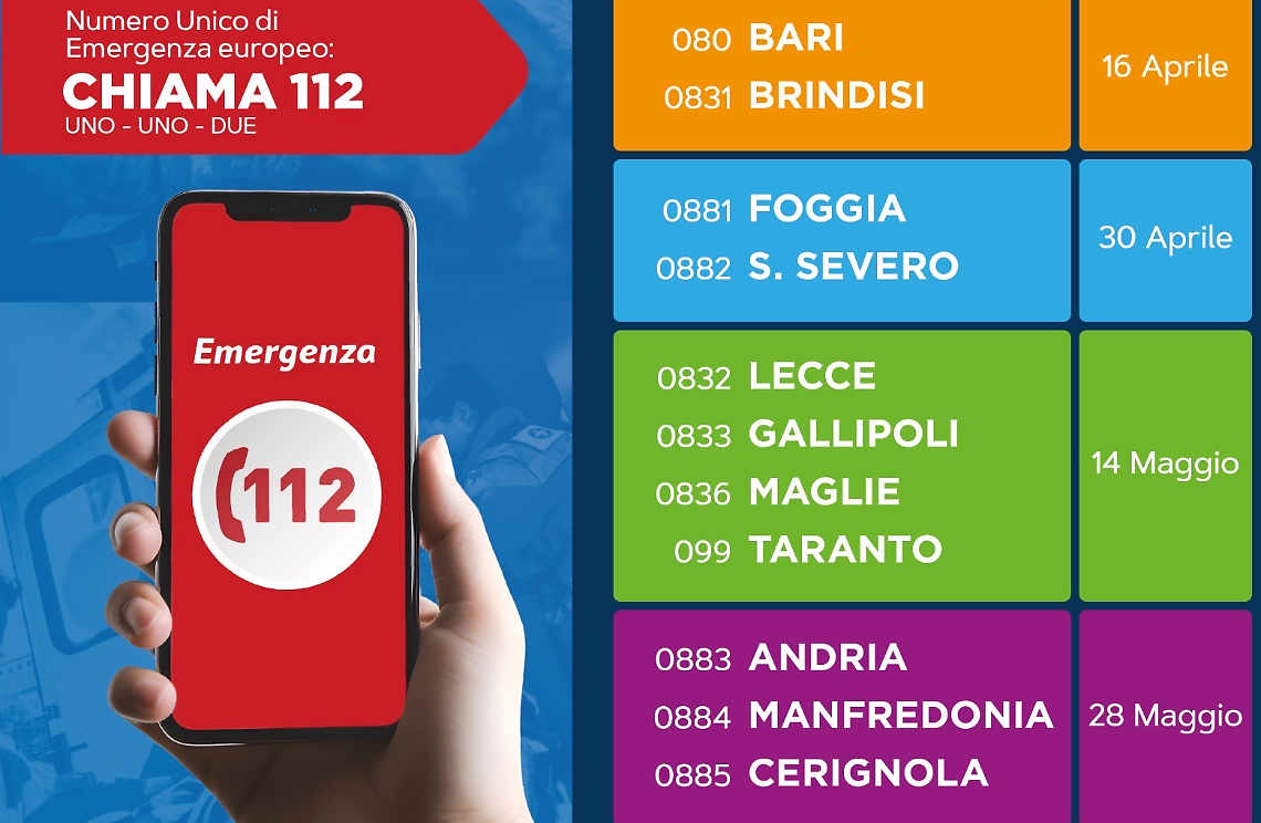 Il 112 è il nuovo Numero Unico di Emergenza Europeo in Puglia