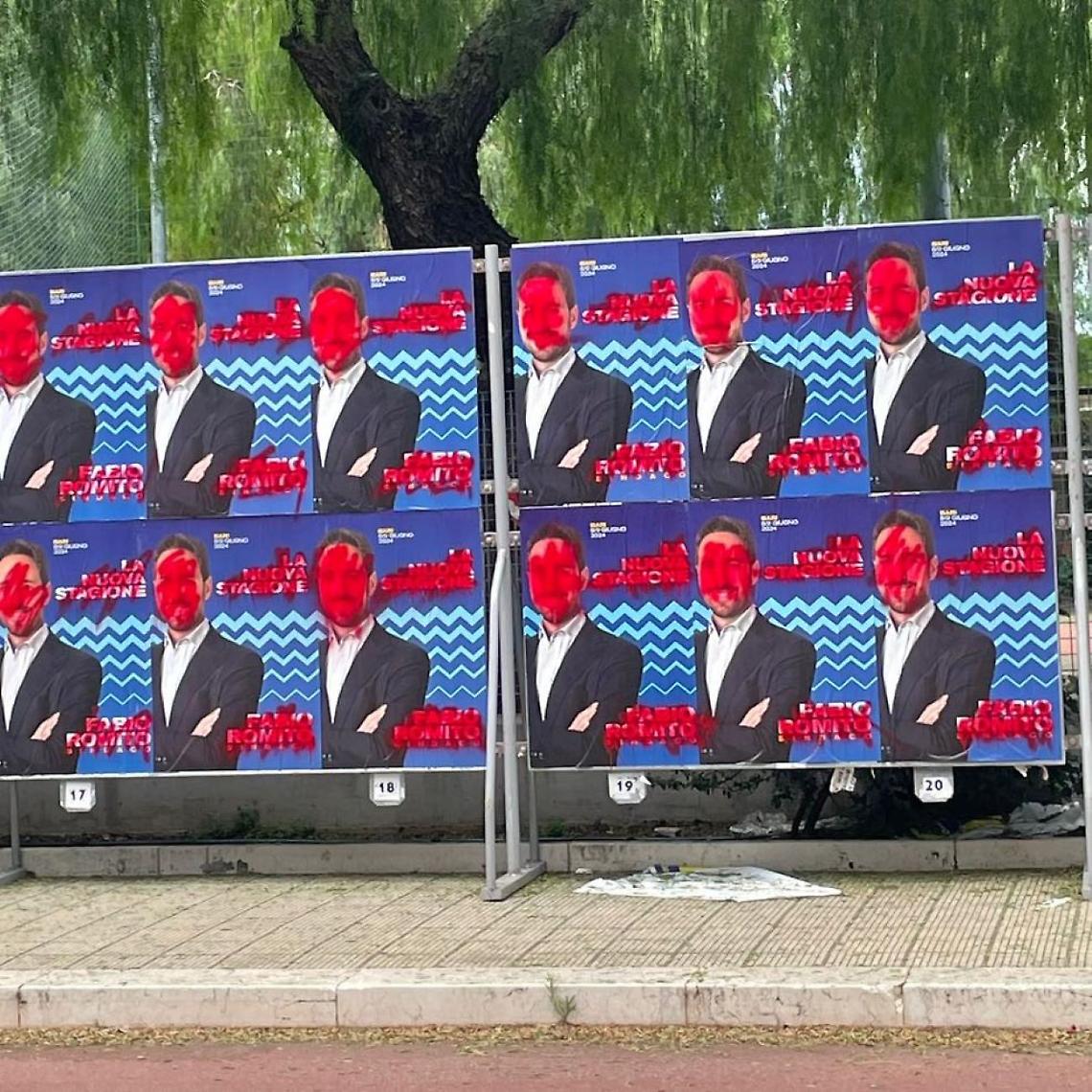 Manifesti elettorali di Fabio Romito imbrattati con la vernice rossa a Bari
