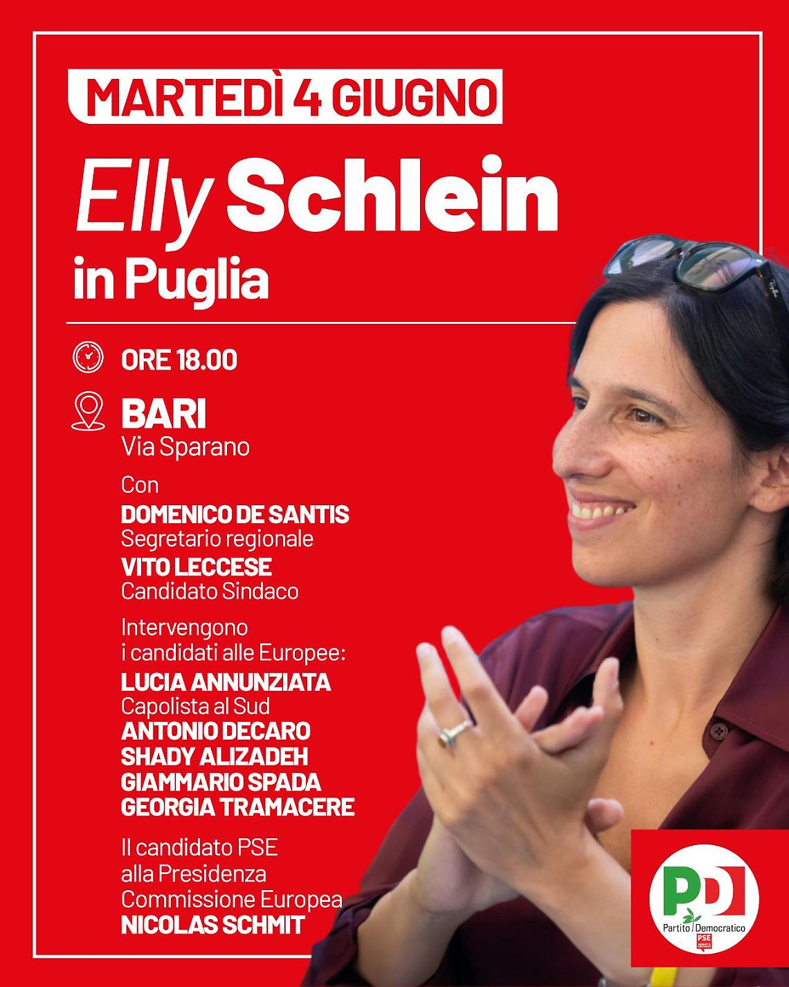 Elly Schlein a Bari per la chiusura della campagna elettorale per le amministrative e le europee