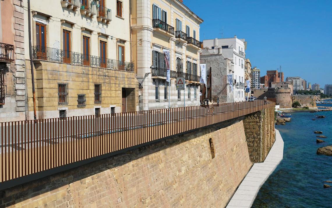 Un rendering del progetto che prevede la realizzazione del restyling delle mura aragonesi