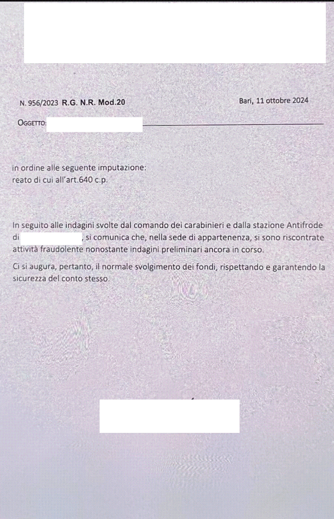 La lettera-truffa ai danni di una donna di Putignano