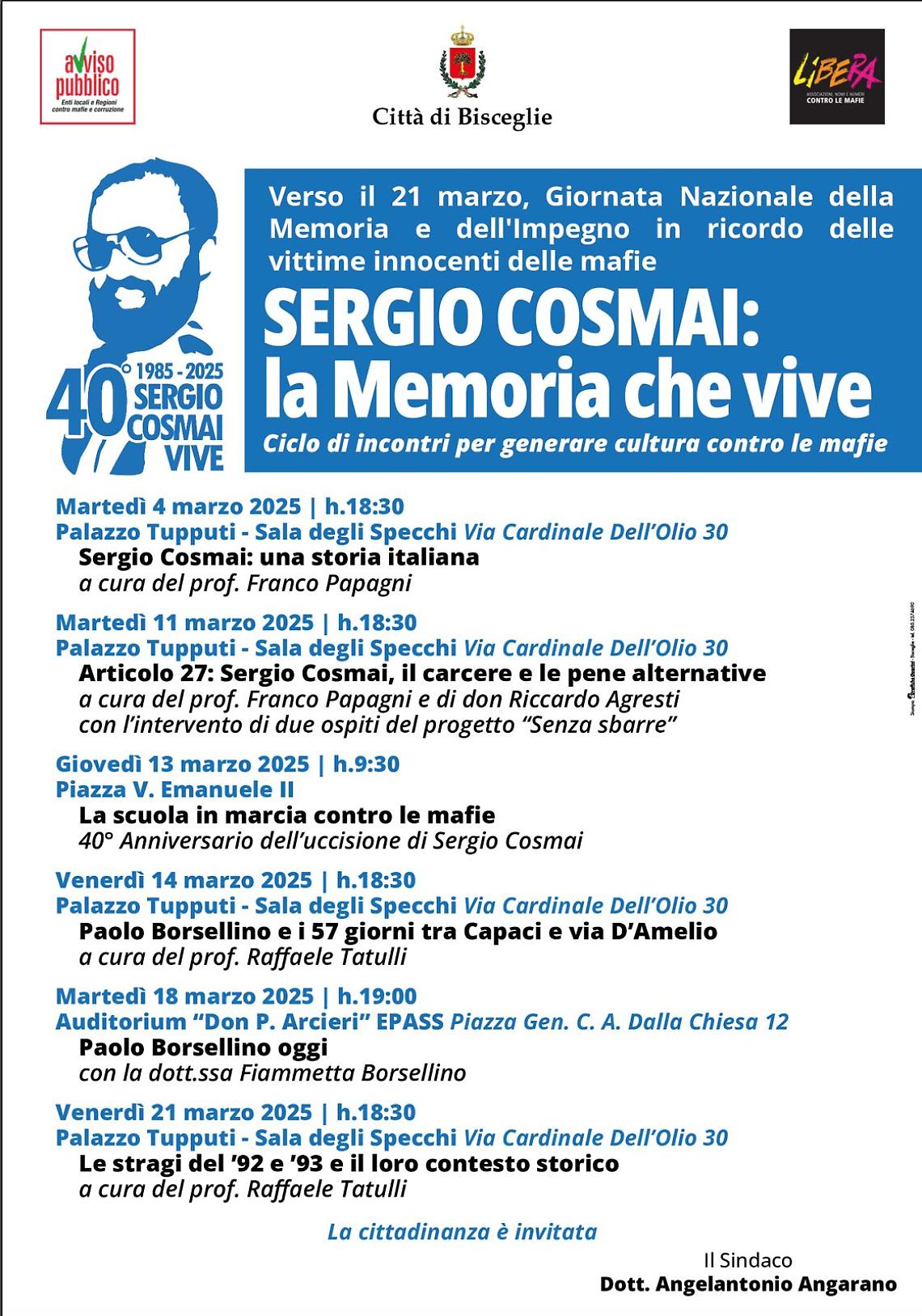 Le iniziative per i 40 anni dalla morte di Sergio Cosmai