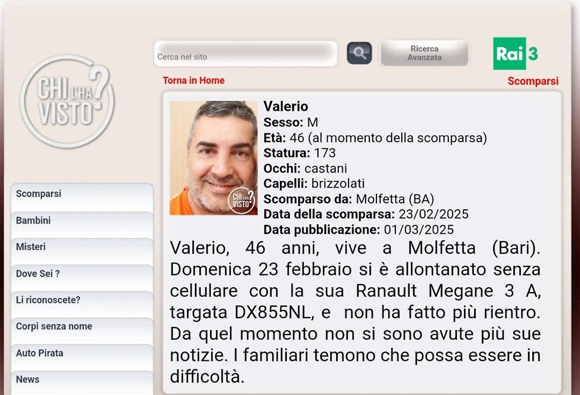 Valerio Lacalamita, l'appello di "Chi l'ha visto?"