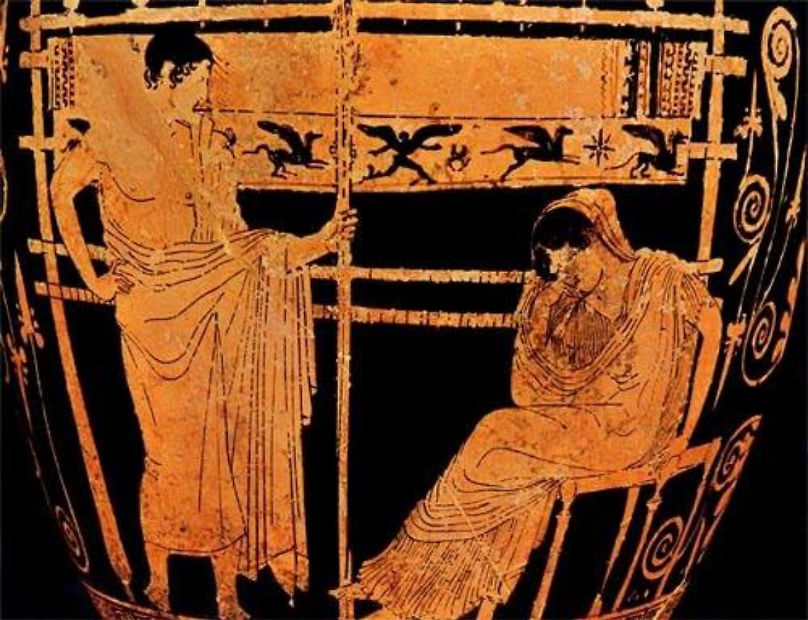 Vaso a figure rosse con Penelope e Telemaco (V secolo a.C.)