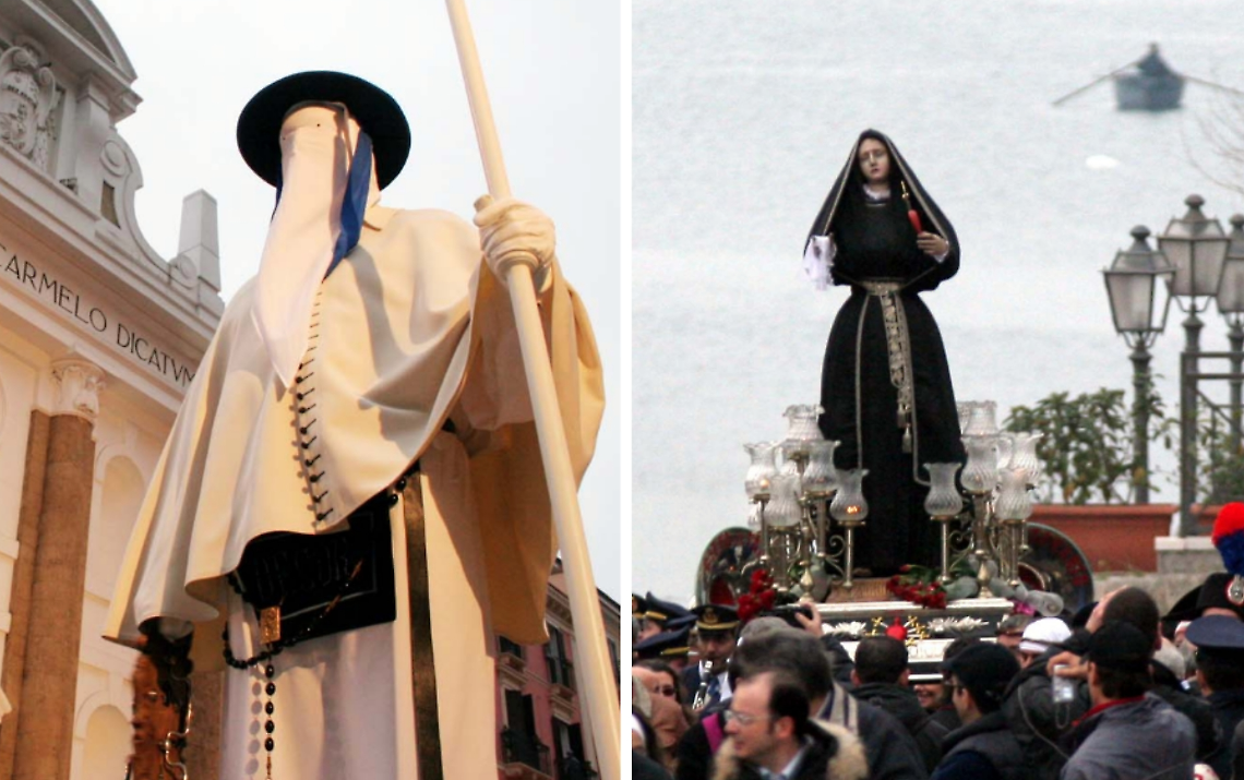 Due momenti delle processioni dei Misteri e dell'Addolorata (foto d'archivio)