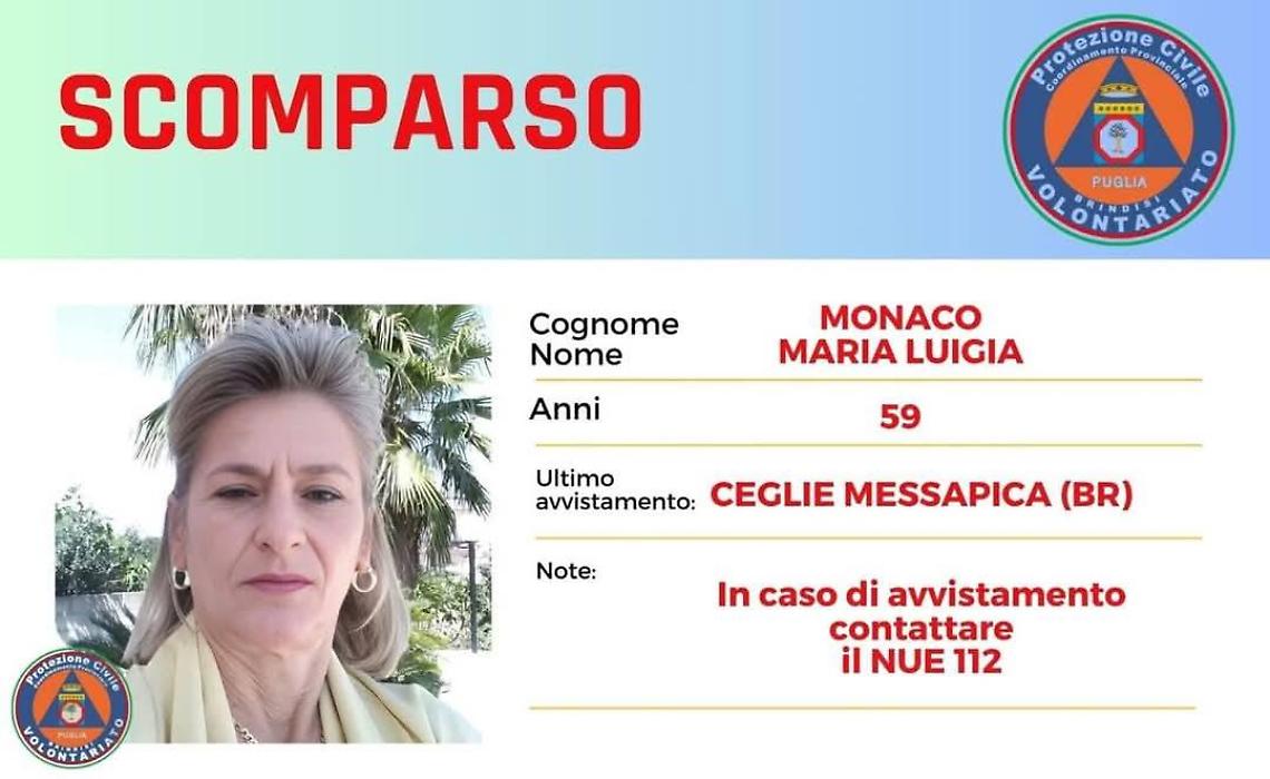 Maria Luigia Monaco, la donna scomparsa a Ceglie Messapica