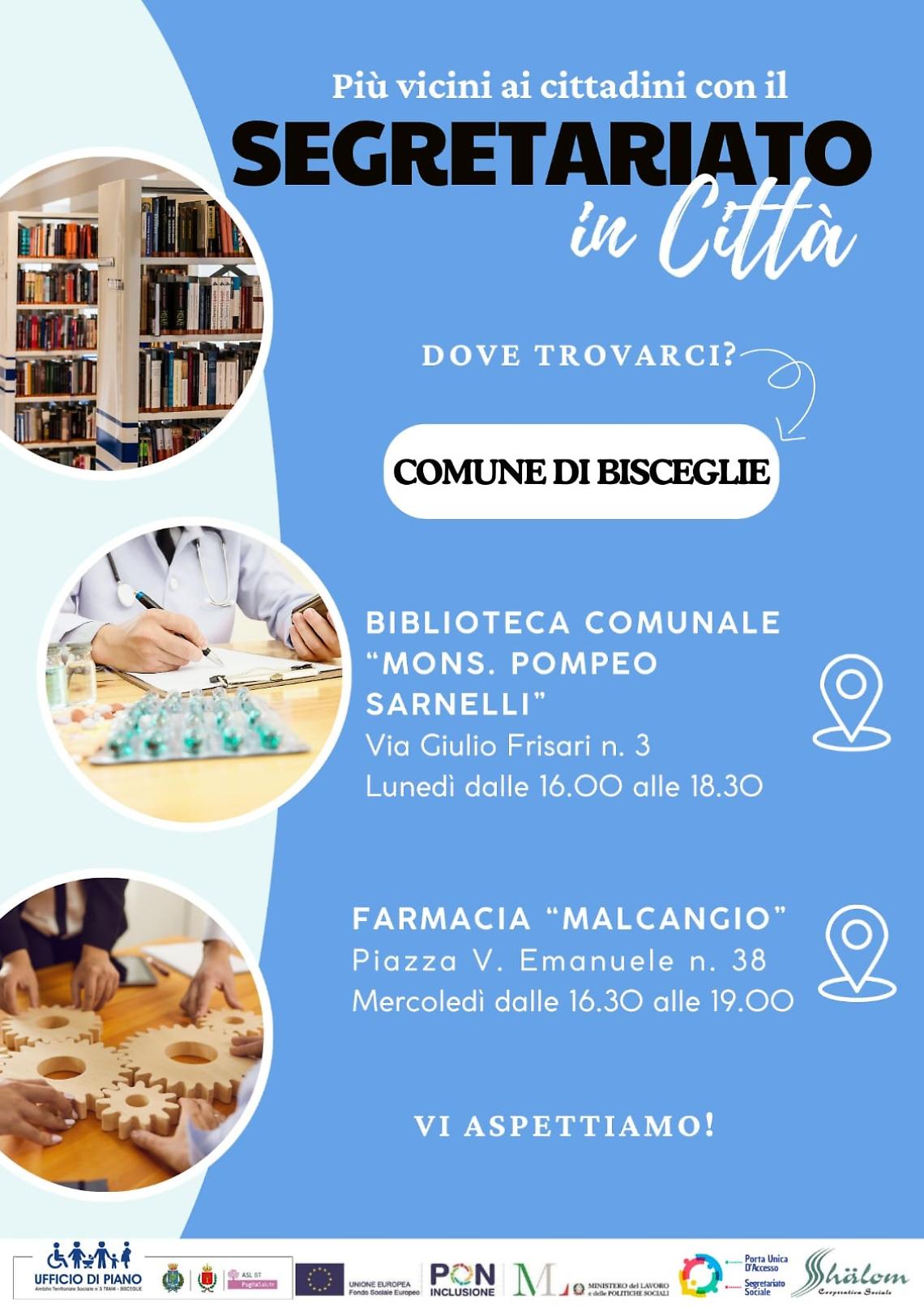 Nasce il nuovo Sportello di “Segretariato In Città” a Bisceglie e Trani