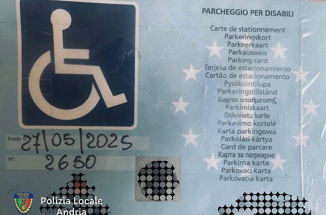 Pass disabili sequestrati dalla Polizia Locale di Andria