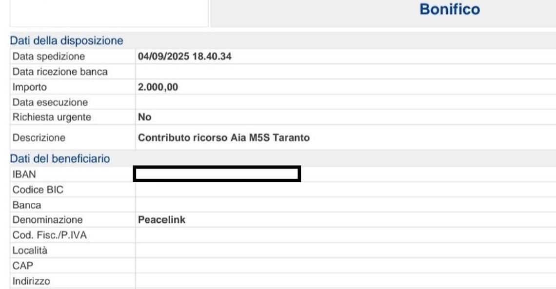 Una copia del Bonifico del Movimento 5 Stelle di Taranto