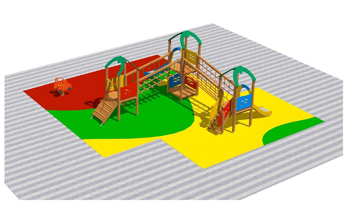 Il rendering delle giostrine al Parco Caduti di Nassyria a Bisceglie
