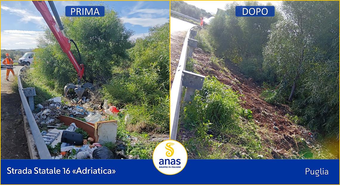 Rifiuti abbandonati lungo la Statale 16 a Monopoli, l'intervento dell'Anas