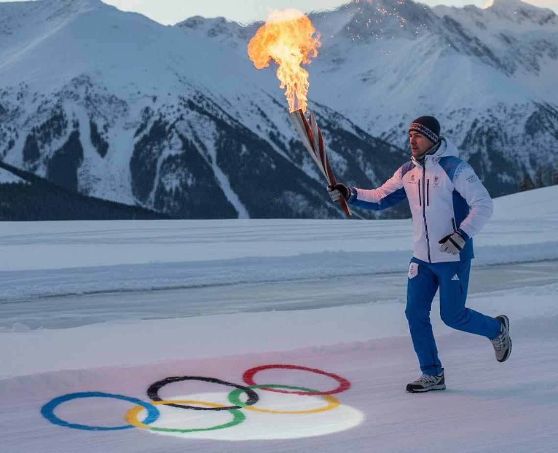 Un tedoforo delle Olimpiadi invernali con la fiaccola accesa