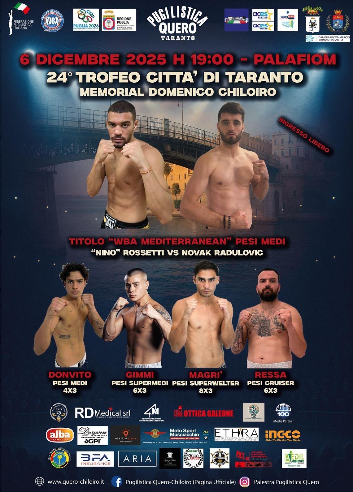 Il 6 dicembre il “Città di Taranto” nella boxe internazionale con la Quero-Chiloiro