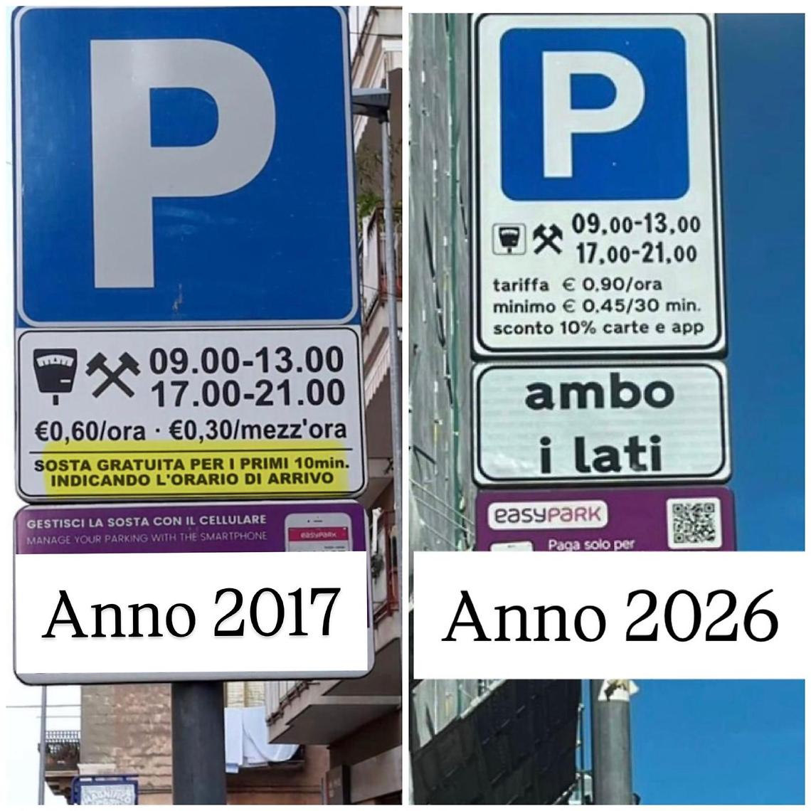 I cartelli dei parcheggi del 2017 e del 2026 a Bisceglie