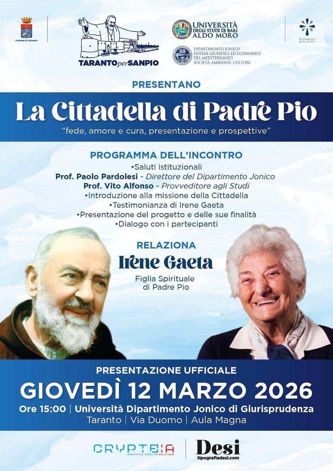 A Taranto un incontro sulla &ldquo;Cittadella di Padre Pio&rdquo; e il suo ospedale pediatrico