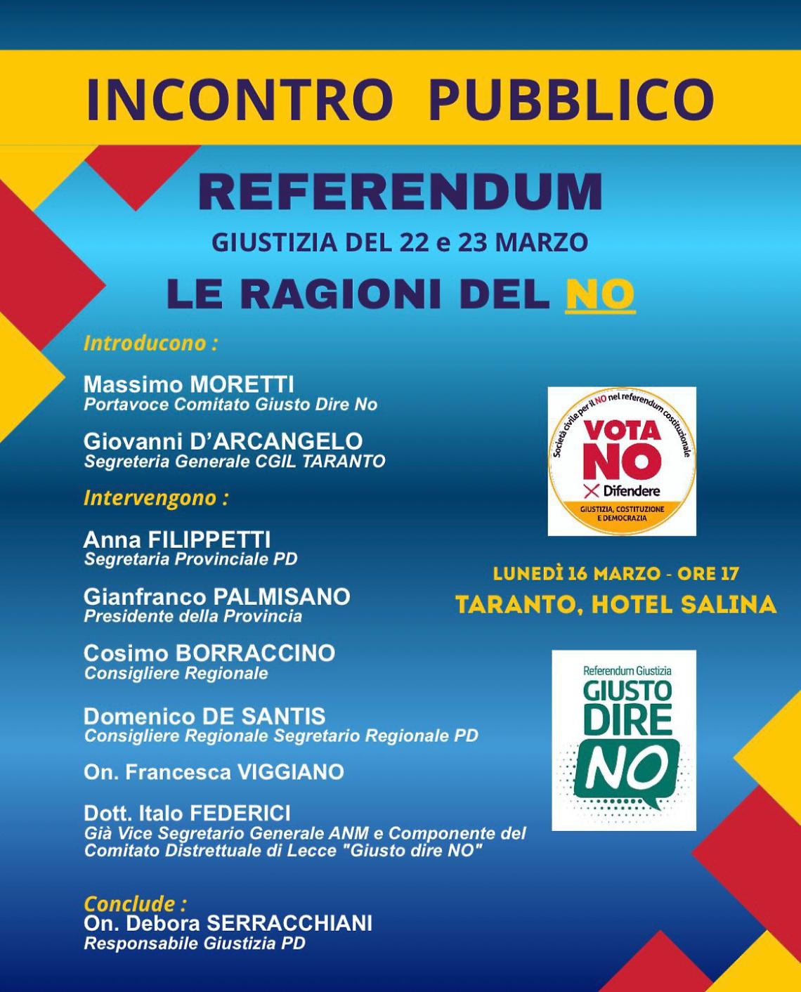 Referendum sulla giustizia, incontro pubblico a Taranto per sostenere il NO