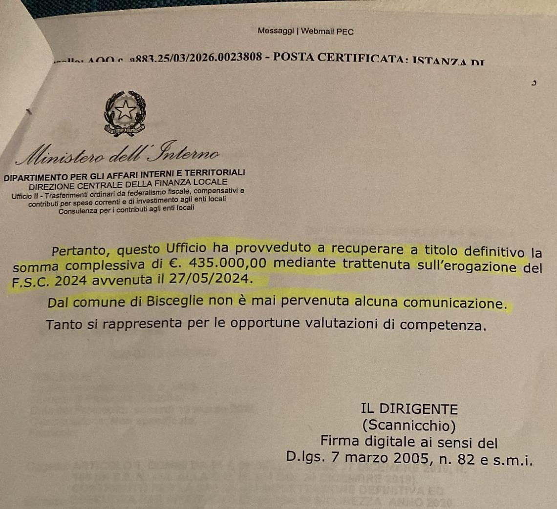 Bisceglie, revocato finanziamento da 435.000 euro