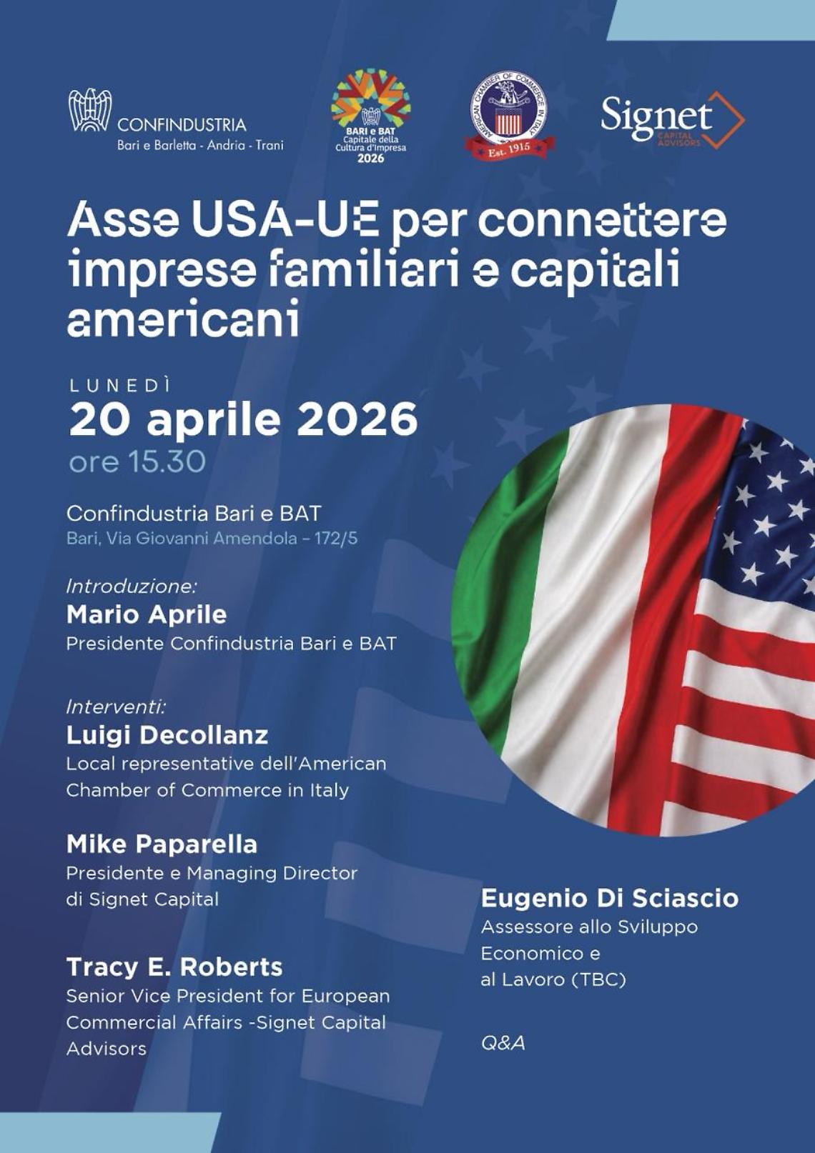 Imprese familiari e capitali Usa, a Bari il confronto con gli investitori