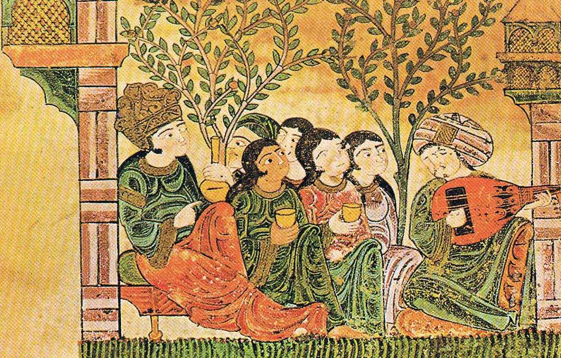 Scena di banchetto arabo medievale in giardino