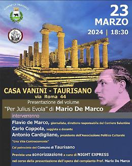 “Per Julius Evola”, a Taurisano la presentazione del volume del Prof. Mario De Marco