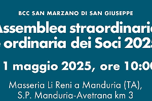 Bcc San Marzano, domenica l’assemblea dei soci per il bilancio 2024 e le modifiche statutarie
