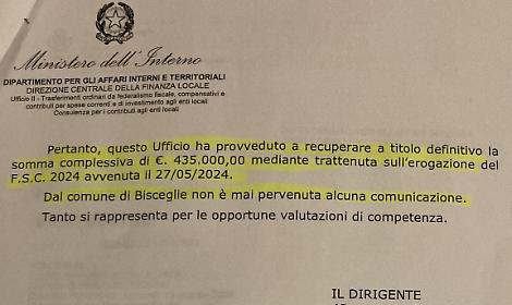 Bisceglie, revocato finanziamento da 435.000 euro
