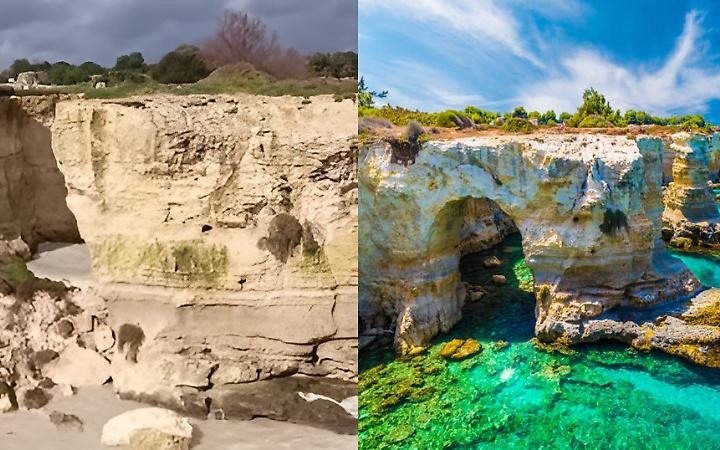 Crolla l&rsquo;arco dell'amore di Melendugno (a destra foto di Faraglioni di Sant&rsquo;Andrea)