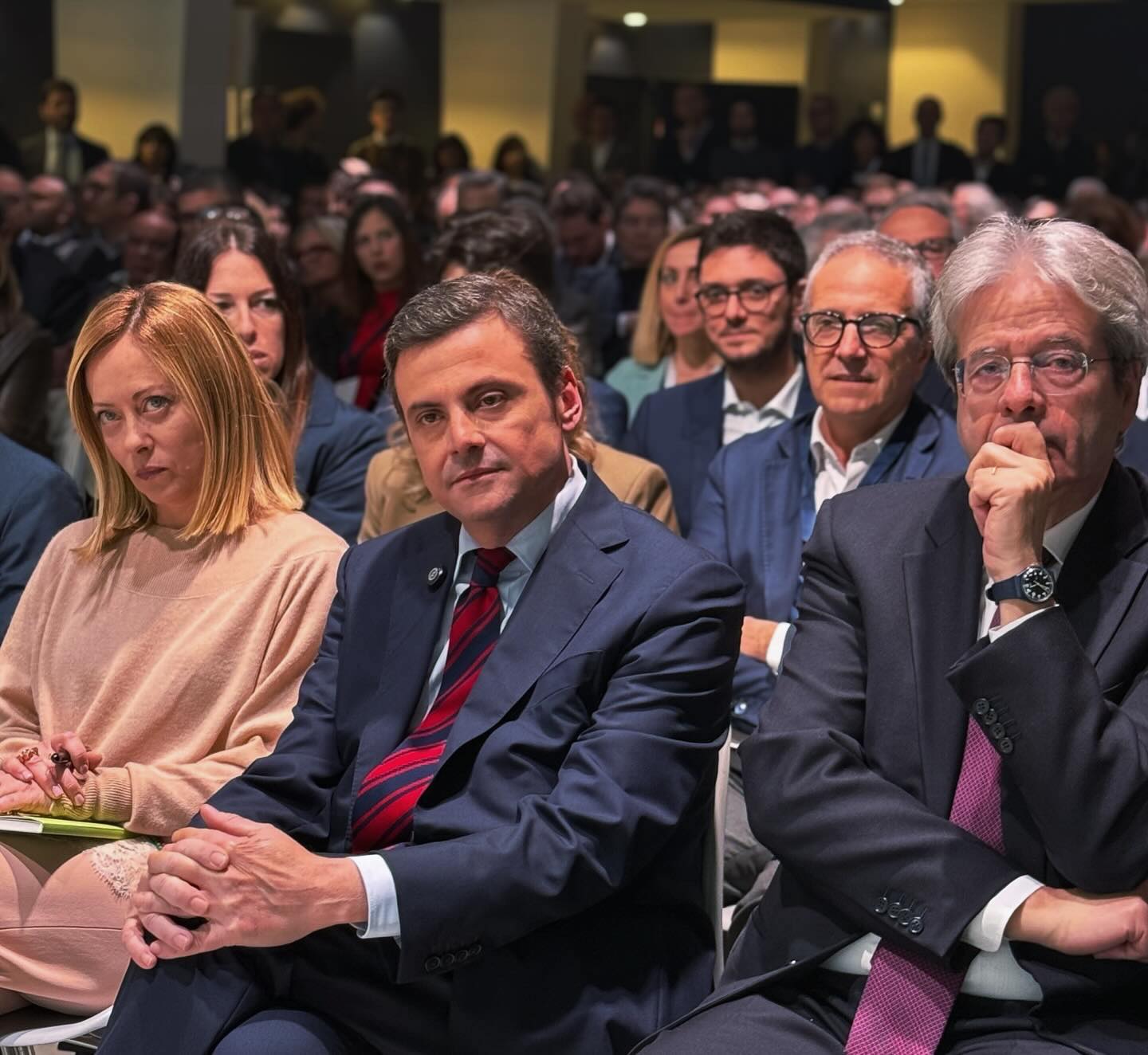 Giorgia Meloni, Carlo Calenda e Paolo Gentiloni al Congresso nazionale di Azione